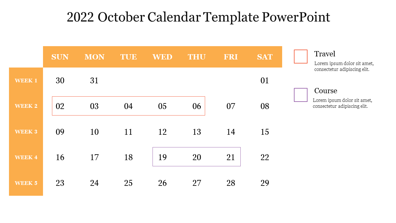 2022 October Calendar Template PowerPoint
